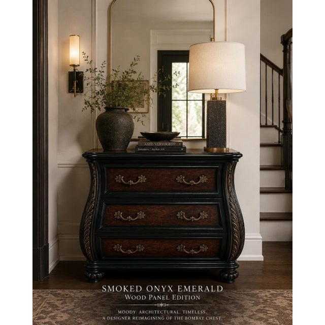Late 20th Century Vintage Bombay Chest in Smoked Onyx Emerald & Old Chapel Smoked Walnut — Transitional Designer Bombe Cabinet For Sale - Image 5 of 5