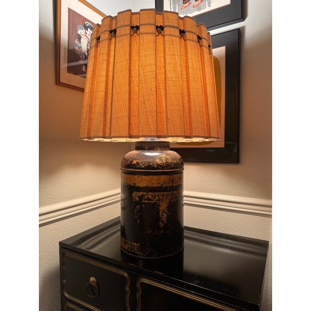 Vintage Chinoiserie Toleware Tea Canister Lamp With Pleated Shade For Sale - Image 4 of 13