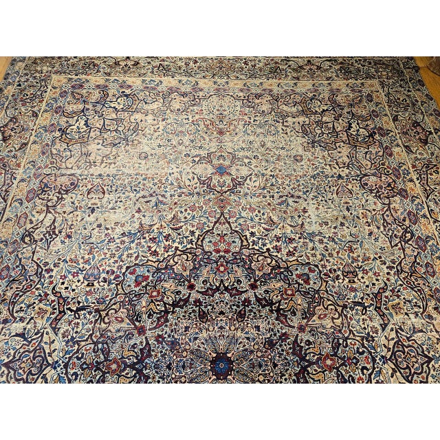 19th Century Oversized Persian Kerman Lavar Rug, Hand-Knotted Wool, Floral Pattern, Ivory & Blue, 11’ X 17’ For Sale - Image 11 of 18