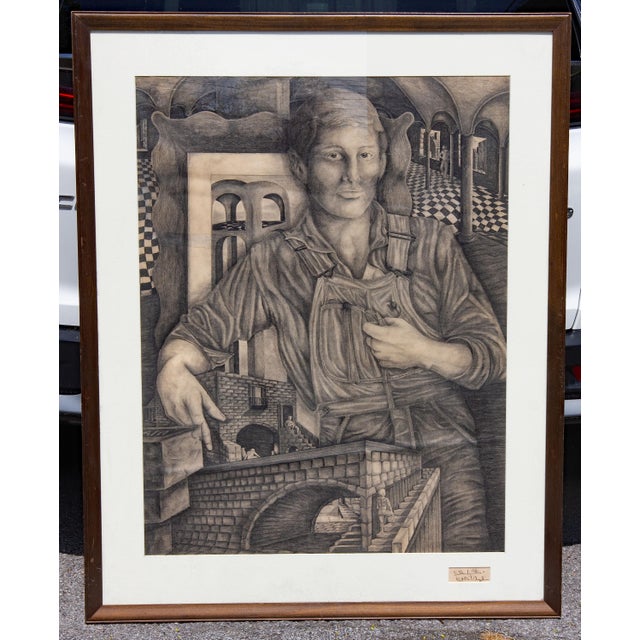 Self Portrait an Architect With Architectural Models Mid Century Large Drawing For Sale - Image 4 of 6
