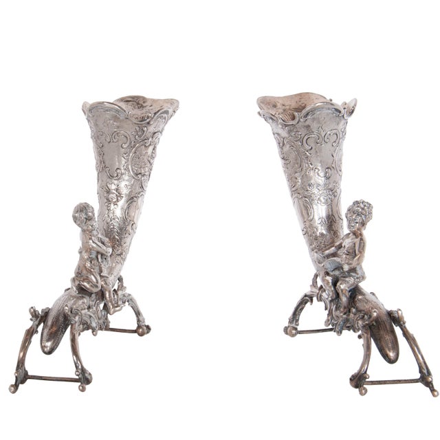 Pair of Antique German Repoussé 800 Silver Cornucopia Cherub Vases Hanau 1890 For Sale - Image 4 of 12