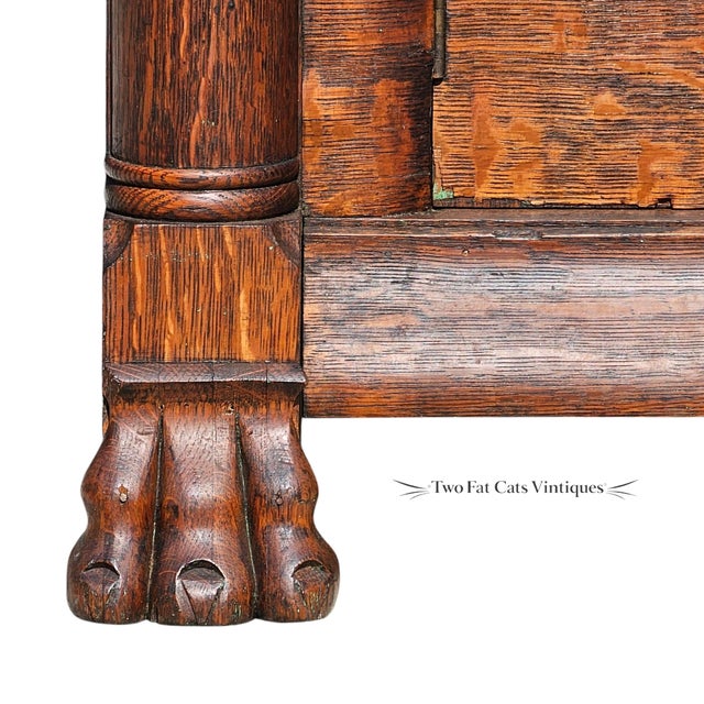 Antique Buffet | American Empire Server | Tiger Oak Sideboard With Carved Lion Paw Feet | Ogee Scroll Drawer | C1890-1915 | 54" Wide For Sale - Image 14 of 18