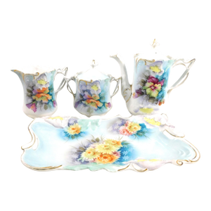1920s Chocolate Pot Set With Sugar Bowl, Creamer and Matching Tray - Six Piece