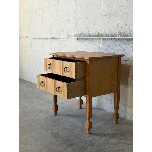 Solid Oak Small Two-Drawer Dresser With Sculpted Fronts and Turned Legs Traditional Vintage 1970s For Sale - Image 4 of 9