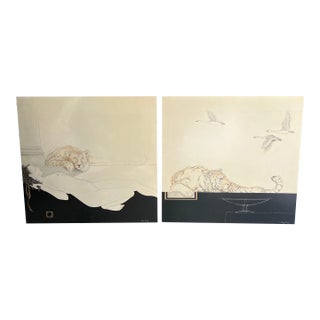 Large Decorative Gouaches Signed Tony Warren - A Pair For Sale