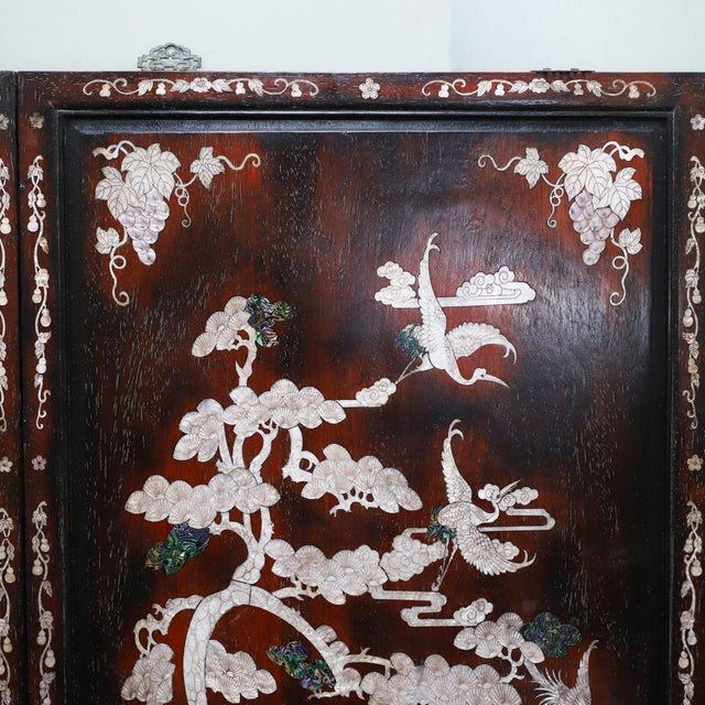 Chinese Vintage Chinese Zitan Wood Wall Panel Set | Mother-of-Pearl Inlaid Pine & Crane Motif For Sale - Image 3 of 10