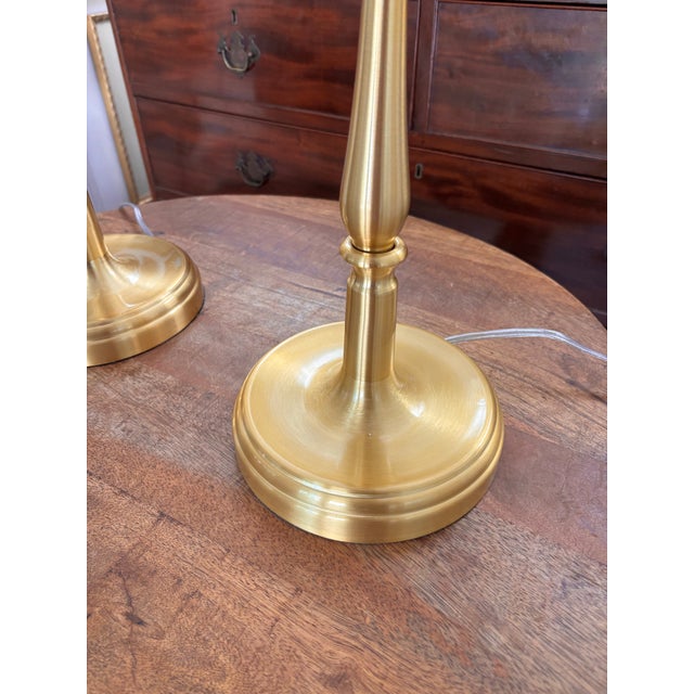 Brass Contemporary Ralph Lauren Brushed Gold Tall Buffet Lamps With Off White Silk Shades, a Pair For Sale - Image 8 of 9