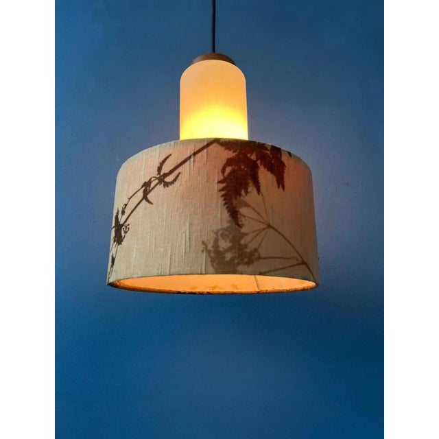 Mid-Century Opaline Glass Pendant Lamp with Beige Fabric Jungle Shade For Sale - Image 5 of 11