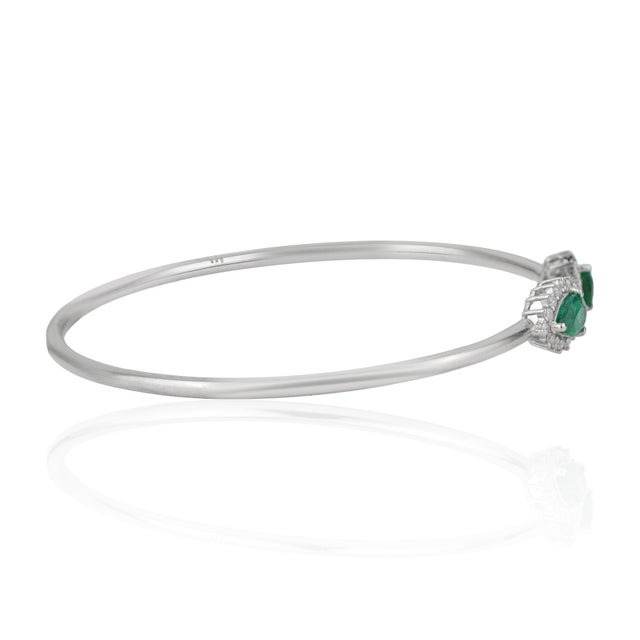 Metal Contemporary Twin Emerald & Diamond Halo Open Cuff Bangle Bracelet in Sterling Silver For Sale - Image 7 of 11