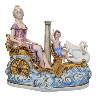 Late 20th Century Capodimonte Porcelain Sculpture - Lady With Cherub and Swan Chariot For Sale