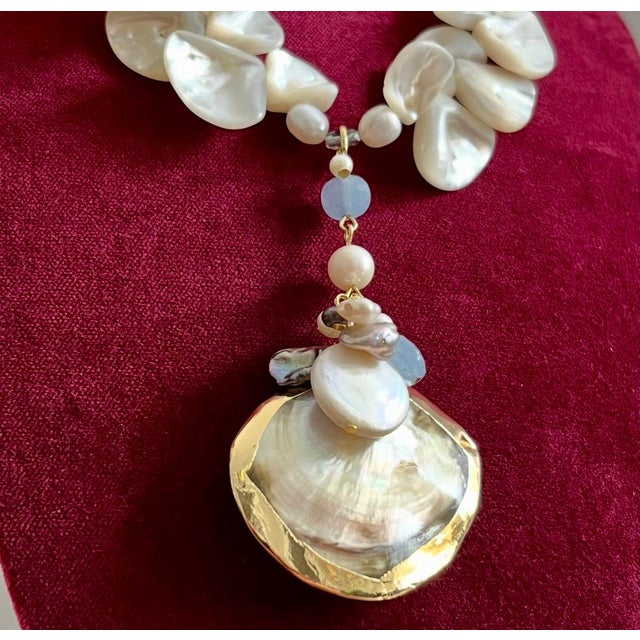 Boho Chic Natural Shell Genuine Pearl Aquamarine Mother of Pearl Necklace Gold Accents For Sale - Image 3 of 10