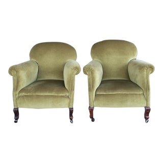 Early 20th Century Pair of Olive Green Upholstered Velvet Armchairs on Rollers For Sale