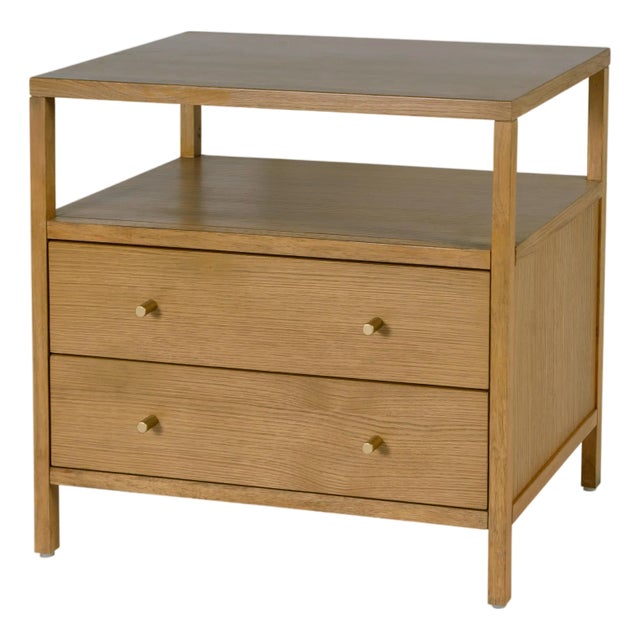 Mendel 28 in. W Rectangular Wood 2 Drawer Wide Nightstand with Open Shelf, Light Oak For Sale