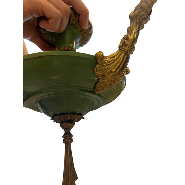 Art Deco Antique Art Deco Brass Pan 3 Light Chandelier Ceiling Light 1920s Green & Gold For Sale - Image 3 of 12