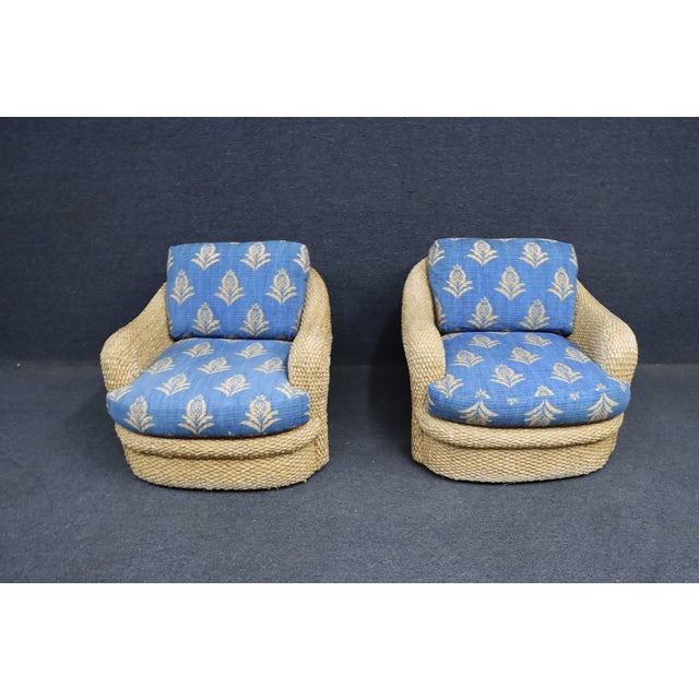 Wood Pair of Custom Wicker Swivel Lounge Chairs Attributed to Century Furniture, 1980s For Sale - Image 7 of 13