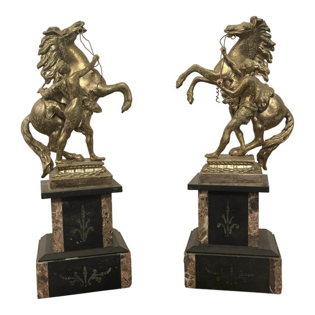 Pair Antique French Marble and Gilt Metal Marley Horses For Sale