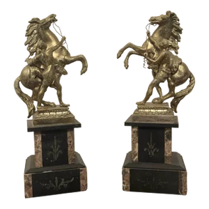 Pair Antique French Marble and Gilt Metal Marley Horses