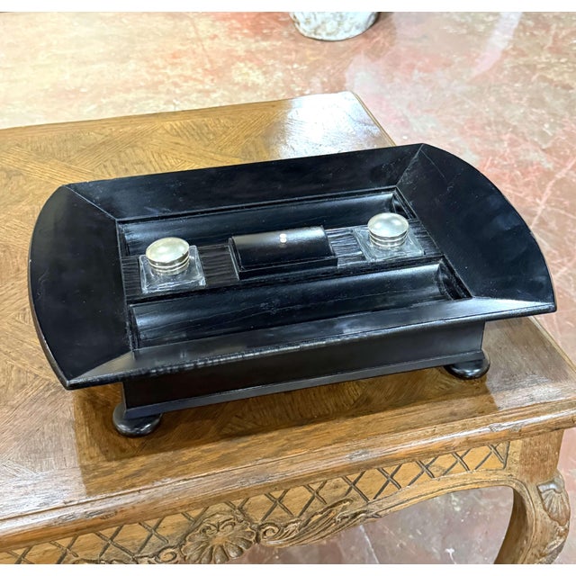 French Art Deco Black Lacquered Wood Desk Set With Glass Inkwells For Sale In Dallas - Image 6 of 9
