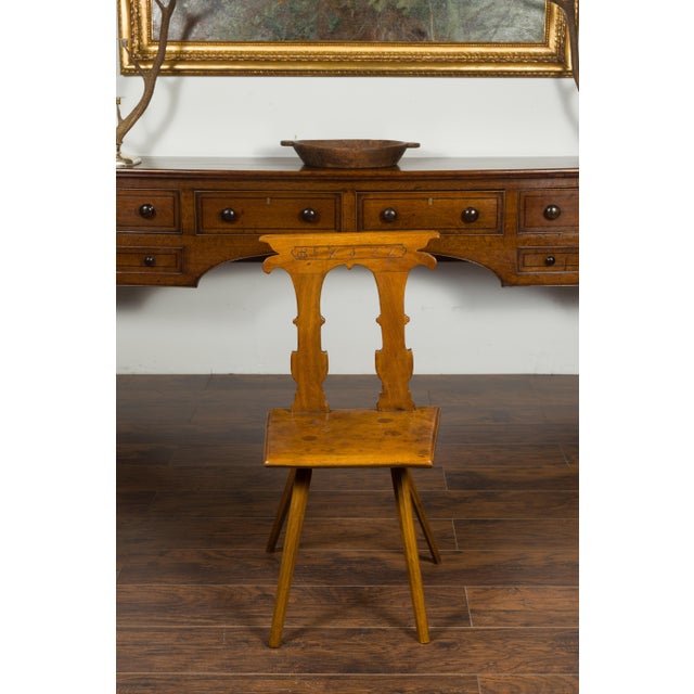 Wood English 1850s Oak Chair with Pierced Back, Carved Inscription and Wooden Seat For Sale - Image 7 of 12