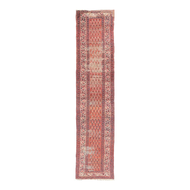 Distressed Antique Persian Malayer Runner With Field of Paisleys Design in Red 3'2"x15'2" For Sale