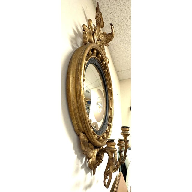 19th Century Federal Convex Bullseye Mirror With Eagle Pediment and Three Candle Holders For Sale - Image 4 of 18