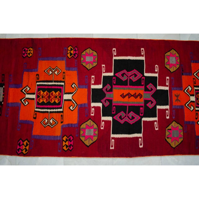 Ruby Red Vintage Runner Rug Kilim• Turkish Handwoven Tribal Flat Weave • Hallway Kitchen Decor - 3′4″ × 14′4″ For Sale - Image 8 of 15