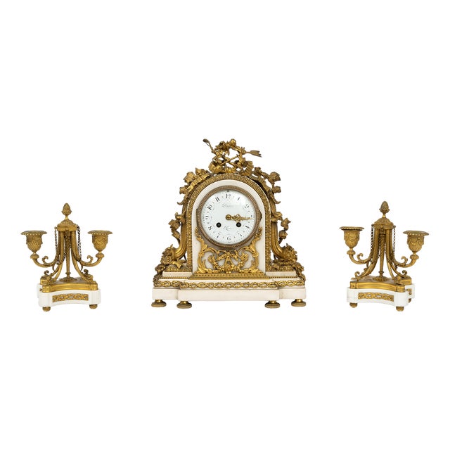 Antique 19th Century Napoleon III Triptych Clock in Gilded bronze and White Statuary Marble, Set of 3 For Sale