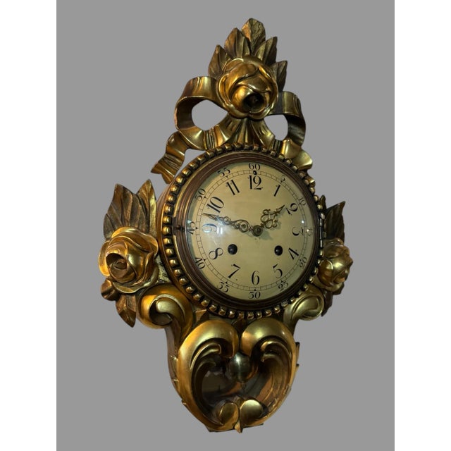 Wood Vintage Ornate Giltwood Decorated Wall Hanging Sweden Clock For Sale - Image 7 of 12