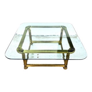 1970s Hollywood Regency Brass Glass End Table Square Scalloped Corner Accent For Sale