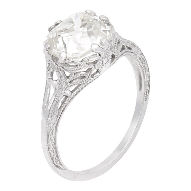 1920s Art Deco Gia 3.02 Carat Old Mine Cut Diamond Filigree Engagement Ring, Size 7 For Sale