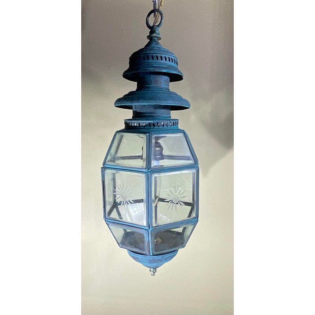 Green Antique English Solid Brass & Glass Starburst Hanging Lantern - Pendant For Sale - Image 8 of 15