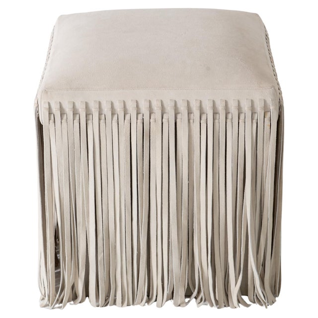 Mod Square Suede Ottoman by Made Goods, Off-White with Fringe, India For Sale - Image 4 of 13
