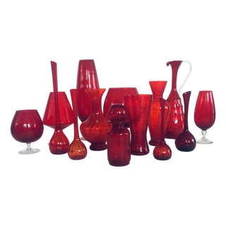 Vintage Red Glass Vases and Decanters, 1960s, Set of 14 For Sale
