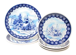 Vintage Bunzlau Boleslawiec Polish Pottery Plates in Winter Chapel Pattern - 6 Pieces