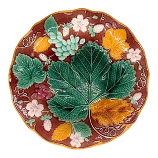 Wedgwood Majolica 'Vine & Strawberry' Plate on a Brown Ground, English, Ca. 1896 For Sale
