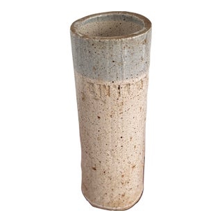 Late 20th Century Studio Pottery Speckled Stoneware Cylinder Bud Vase With Blue Gray Rim For Sale