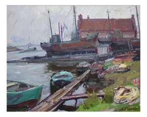 Nikolajs Breikss, Ship Repair, Oil on Cardboard, 1960s