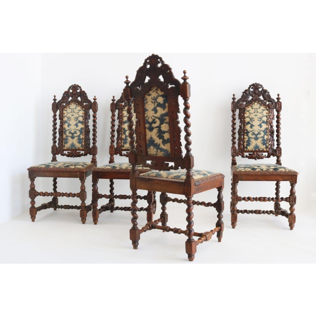 19th Century Renaissance Revival French Barley Twisted Chairs in Oak, 1870, Set of 4 For Sale - Image 4 of 12