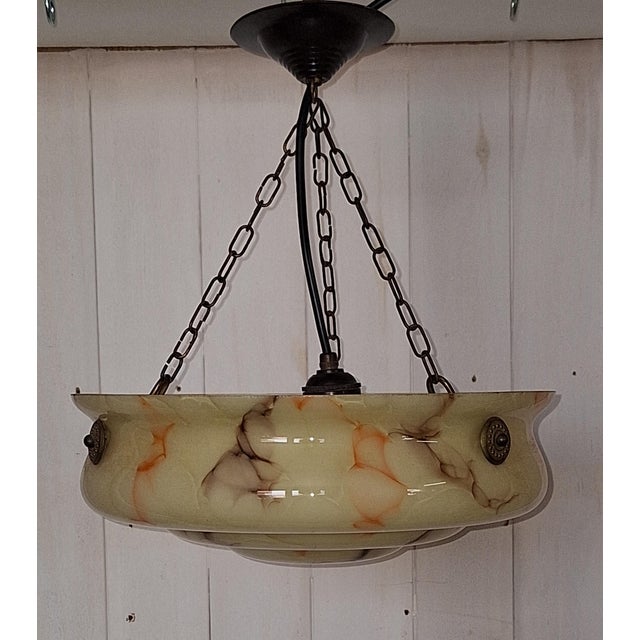 Vintage German Art Deco Pendant Lamp with Beige Marbled Glass Shade, 1920s For Sale - Image 4 of 7