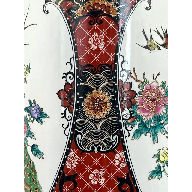 Metal Large Chinese White Porcelain Imari Style Umbrella Stand With Green Peacocks & Floral Scenes For Sale - Image 7 of 11