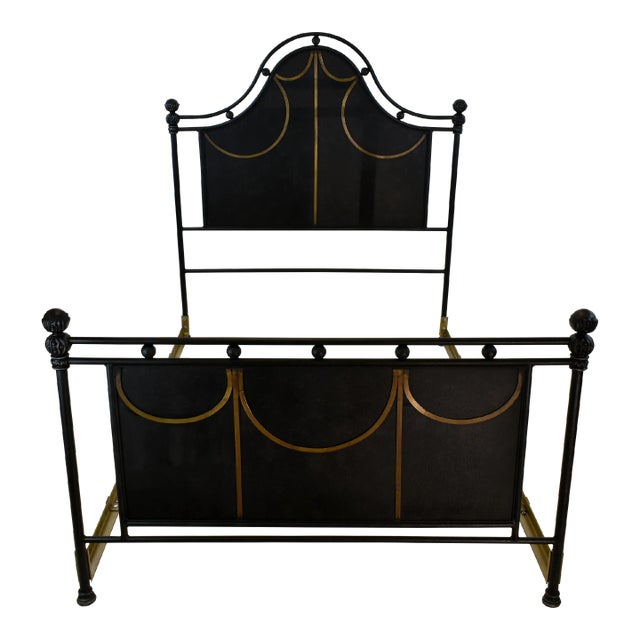 1990s Vintage Wrought Iron Full Panel Headboard Footboard W/Side Railings Matte Black Low Framed (6 Pcs) For Sale