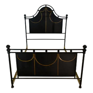 1990s Vintage Wrought Iron Full Panel Headboard Footboard W/Side Railings Matte Black Low Framed (6 Pcs)