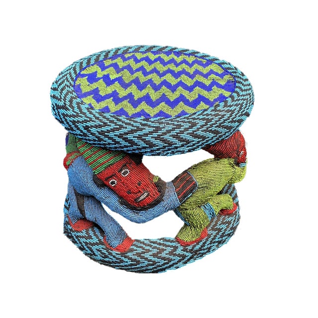 Vintage Nobility Beaded Wood Bamileke Throne /Table/ Stool Cameroon For Sale - Image 9 of 9