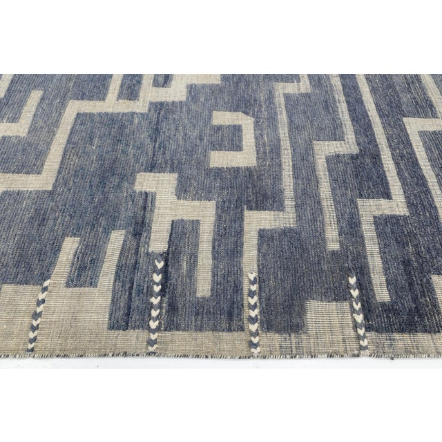 Moroccan 10x14 Modern Maze Blue & Cream Moroccan Geometric Handmade Wool Rug For Sale - Image 3 of 11