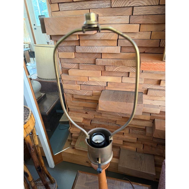 1960s Mid-Century Modern Textured Ceramic & Walnut Table Lamps With Original Tall Drum Shades - Pair For Sale - Image 12 of 12