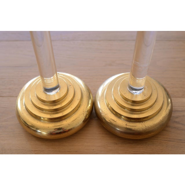 1970s Charles Hollis Jones Art Deco Style Lucite & Brass Candlesticks - A Pair For Sale - Image 5 of 7