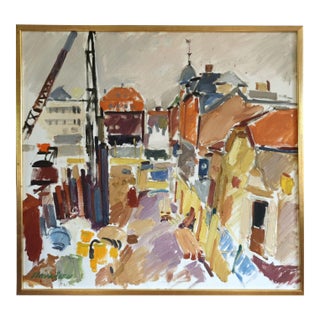 1970 Modernist 'Impression of a Town' Vintage Swedish Original Street Scene Oil Painting, Framed For Sale