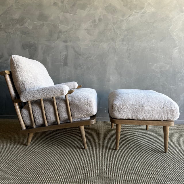 Wood Frances Ottoman Oak Ottoman Upholstered in Genuine Sheepskin With Down Foam Core For Sale - Image 7 of 10