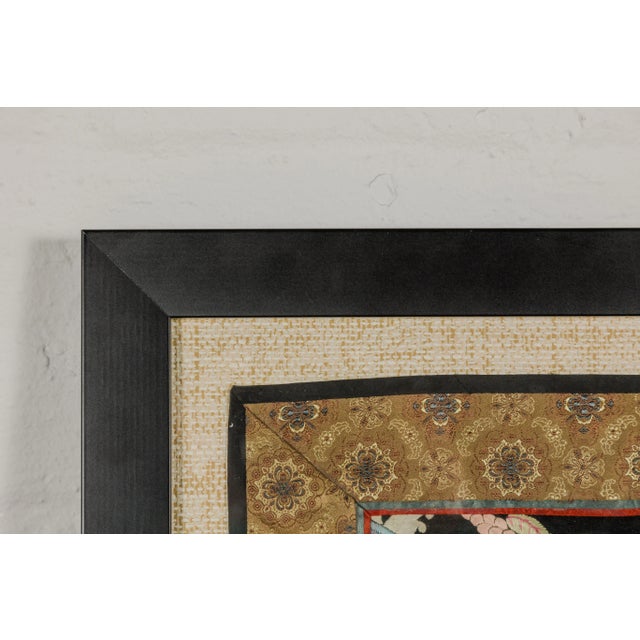 Glass Vintage Chinese Silk Fabric with Flower and Sun Motif in Custom Black Frame For Sale - Image 7 of 12