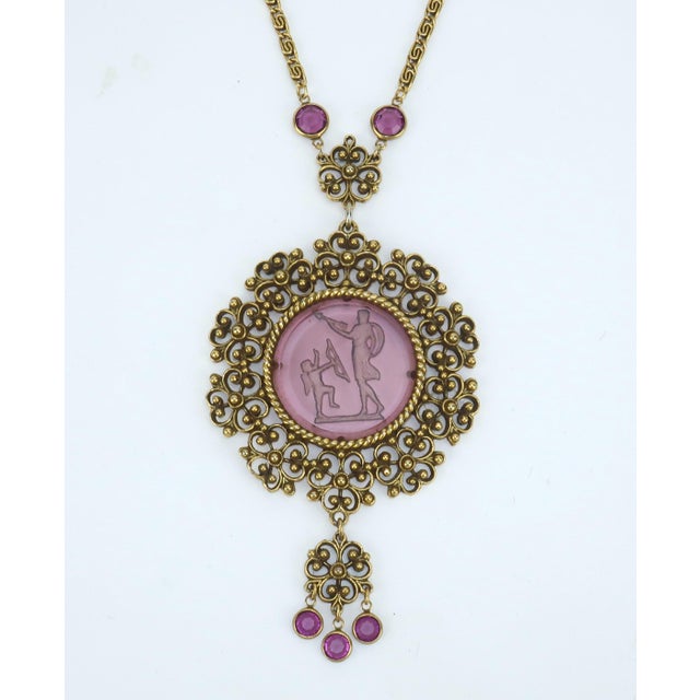 Victorian Goldette Amethyst Glass Intaglio Pendant Necklace, 1960's For Sale - Image 3 of 12